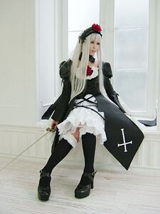 Rating: Safe Score: 0 Tags: 1girl boots dress flower frills gothic_lolita long_hair long_sleeves solo standing suigintou thighhighs weapon white_hair User: admin