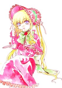 Rating: Safe Score: 0 Tags: 1girl blonde_hair blue_eyes bonnet bow dress drill_hair flower frills image long_hair long_sleeves looking_at_viewer pink_flower pink_rose rose shinku simple_background sitting solo very_long_hair white_background User: admin