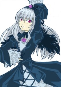 Rating: Safe Score: 0 Tags: 1girl black_wings cowboy_shot dress frills hat image juliet_sleeves long_hair long_sleeves looking_at_viewer pink_eyes silver_hair simple_background solo suigintou white_background wings User: admin