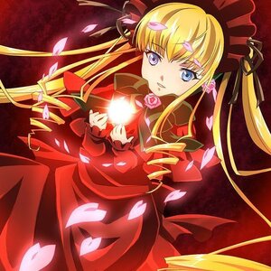 Rating: Safe Score: 0 Tags: 1girl blonde_hair blue_eyes bow dress drill_hair flower image long_hair long_sleeves looking_at_viewer petals pink_flower red_capelet red_dress rose rose_petals shinku solo User: admin