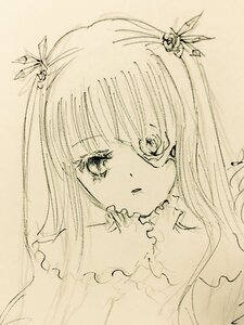 Rating: Safe Score: 0 Tags: 1girl bangs barasuishou bug butterfly flower hair_flower hair_ornament image insect long_hair looking_at_viewer monochrome simple_background solo traditional_media upper_body User: admin