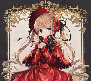 Rating: Safe Score: 0 Tags: 1girl bangs black_ribbon blonde_hair blue_eyes bonnet bow capelet dress eyebrows_visible_through_hair flower holding holding_flower image long_hair long_sleeves looking_at_viewer red_capelet red_dress red_flower red_rose rose shinku solo twintails User: admin