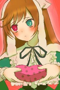 Rating: Safe Score: 0 Tags: 1girl bangs blush brown_hair dress frills green_eyes head_scarf heterochromia holding holding_gift image long_hair long_sleeves looking_at_viewer neck_ribbon polka_dot red_eyes ribbon simple_background solo suiseiseki upper_body User: admin
