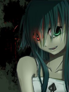 Rating: Safe Score: 0 Tags: 1girl bare_shoulders collarbone green_eyes green_hair hatsune_miku heterochromia image looking_at_viewer open_mouth red_eyes saya smile solo suiseiseki User: admin