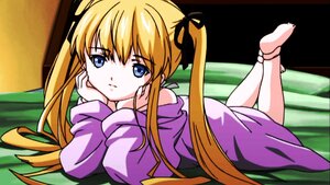 Rating: Safe Score: 0 Tags: 1girl barefoot blonde_hair blue_eyes chin_rest hair_ribbon image indoors legs_up long_hair looking_at_viewer lying on_stomach ribbon shinku solo twintails very_long_hair User: admin
