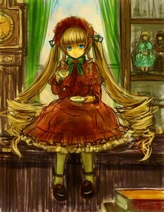 Rating: Safe Score: 0 Tags: 1girl blonde_hair blue_eyes bonnet bow bowtie cup dress full_body image indoors long_hair long_sleeves looking_at_viewer red_dress saucer shinku shoes sitting solo table teacup twintails very_long_hair window User: admin