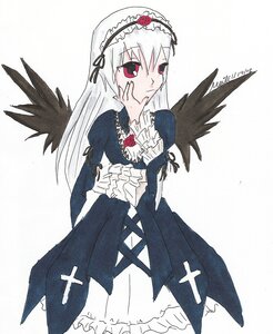 Rating: Safe Score: 0 Tags: 1girl black_wings dress feathers flower frilled_sleeves frills hairband image long_hair long_sleeves red_eyes ribbon rose solo suigintou white_background wings User: admin