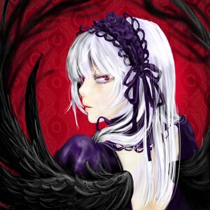 Rating: Safe Score: 0 Tags: 1girl bangs black_dress closed_mouth commentary_request flower hairband image jinnikureiche lolita_fashion long_hair looking_at_viewer looking_back profile red_eyes rose rozen_maiden silver_hair solo suigintou white_hair wings User: admin