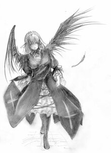 Rating: Safe Score: 0 Tags: 1girl angel_wings boots dress feathered_wings frills full_body greyscale image long_sleeves looking_at_viewer monochrome pantyhose solo standing suigintou wings User: admin