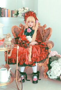 Rating: Safe Score: 0 Tags: 1girl blonde_hair blue_eyes bonnet dress flower frills lolita_fashion long_hair pantyhose red_dress rose shinku shoes solo white_legwear User: admin