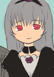 Rating: Safe Score: 0 Tags: 1girl choker collar dress flower gothic_lolita hairband image lolita_fashion long_hair looking_at_viewer purple_rose red_eyes rose simple_background smile solo suigintou wings User: admin