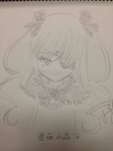 Rating: Safe Score: 0 Tags: 1girl barasuishou flower frills hair_ornament image long_hair looking_at_viewer monochrome photo ribbon rose sketch smile solo traditional_media upper_body User: admin