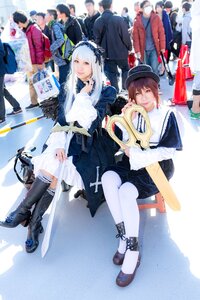 Rating: Safe Score: 0 Tags: dress hat long_hair multiple_boys multiple_cosplay multiple_girls sitting tagme thighhighs top_hat vertical_stripes white_hair User: admin