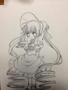Rating: Safe Score: 0 Tags: 1girl auto_tagged bonnet dress frills full_body greyscale hat image long_hair long_sleeves looking_at_viewer monochrome photo shinku solo standing traditional_media twintails very_long_hair User: admin