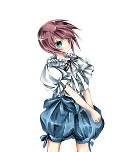 Rating: Safe Score: 0 Tags: 1girl cowboy_shot green_eyes heterochromia image looking_at_viewer puffy_short_sleeves puffy_sleeves red_eyes ribbon short_hair short_sleeves shorts simple_background solo souseiseki striped white_background User: admin