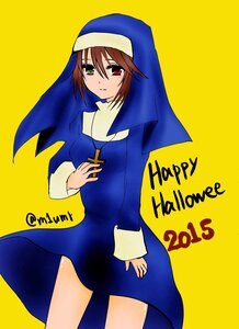 Rating: Safe Score: 0 Tags: 1girl auto_tagged blue_dress brown_hair character_name cross dress green_eyes habit heterochromia image long_sleeves looking_at_viewer m1umr necklace nun red_eyes simple_background solo souseiseki yellow_background User: admin