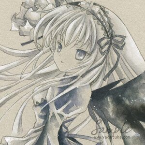 Rating: Safe Score: 0 Tags: 1girl auto_tagged dress hair_ribbon image long_hair looking_at_viewer millipen_(medium) monochrome ribbon simple_background solo suigintou traditional_media upper_body User: admin