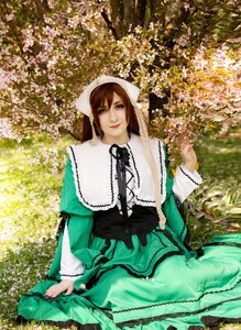 Rating: Safe Score: 0 Tags: 1girl brown_hair dress flower frills green_dress green_eyes head_scarf heterochromia long_sleeves looking_at_viewer outdoors red_eyes sitting smile solo suiseiseki User: admin