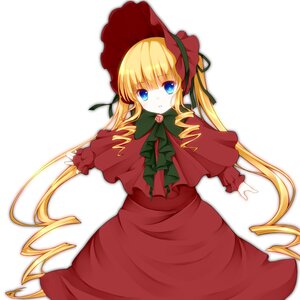 Rating: Safe Score: 0 Tags: 1girl :o blonde_hair blue_eyes bonnet bow bowtie capelet dress drill_hair green_bow green_neckwear image long_hair long_sleeves looking_at_viewer red_dress shinku simple_background solo twintails very_long_hair white_background User: admin