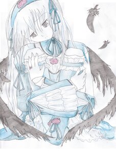 Rating: Safe Score: 0 Tags: 1girl black_feathers black_wings dress feathers flower frills hairband image long_hair long_sleeves ribbon rose simple_background solo suigintou wings User: admin
