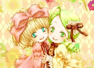 Rating: Safe Score: 0 Tags: 2girls argyle argyle_background blonde_hair bow checkered checkered_background checkered_floor chess_piece dress drill_hair green_eyes green_hair hat hina_ichigo hinaichigo holding_hands image kanaria multiple_girls open_mouth pair pink_bow plaid_background short_hair smile tile_floor tiles top_hat twin_drills User: admin
