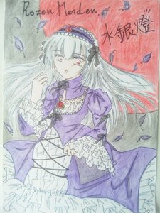 Rating: Safe Score: 0 Tags: 1girl black_wings dress feathers flower frilled_sleeves frills hairband image long_hair long_sleeves looking_at_viewer marker_(medium) pink_eyes rose silver_hair solo suigintou traditional_media watercolor_(medium) wings User: admin