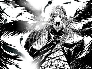 Rating: Safe Score: 0 Tags: 1girl bird black_feathers black_wings dress feathered_wings feathers flower greyscale hairband image long_hair long_sleeves looking_at_viewer monochrome rose solo suigintou very_long_hair wings User: admin