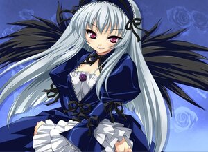 Rating: Safe Score: 0 Tags: 1girl black_wings blue_background detached_collar dress flower frilled_sleeves frills hairband image lolita_hairband long_hair long_sleeves looking_at_viewer pink_eyes puffy_sleeves rose silver_hair smile solo suigintou wings User: admin