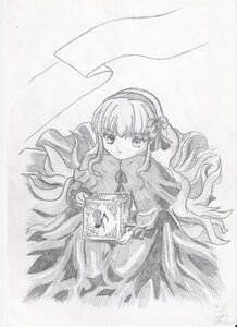 Rating: Safe Score: 0 Tags: 1girl book dress flower greyscale hair_flower hair_ornament hairband image long_hair long_sleeves looking_at_viewer monochrome smile solo suigintou traditional_media very_long_hair User: admin