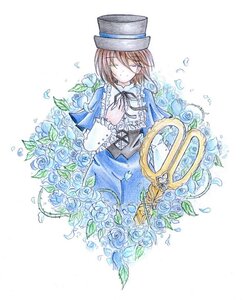 Rating: Safe Score: 0 Tags: 1girl blue_flower blue_rose brown_hair closed_eyes flower hat image long_sleeves petals ribbon rose short_hair solo souseiseki top_hat traditional_media vertical_stripes water_drop User: admin