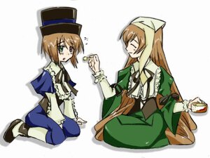 Rating: Safe Score: 0 Tags: 2girls blue_dress brown_hair closed_eyes dress eating food green_dress hat holding image long_hair long_sleeves multiple_girls pair siblings simple_background sisters sitting souseiseki suiseiseki top_hat twins very_long_hair User: admin