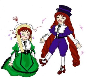 Rating: Safe Score: 0 Tags: 2girls brown_hair closed_eyes costume_switch dress hat image long_hair long_sleeves multiple_girls open_mouth pantyhose simple_background smile suiseiseki top_hat very_long_hair watering_can User: admin