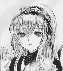 Rating: Safe Score: 0 Tags: 1girl bangs blush closed_mouth dress eyebrows_visible_through_hair greyscale hair_between_eyes hairband hand_up image long_hair long_sleeves looking_at_viewer monochrome simple_background solo suigintou traditional_media upper_body User: admin