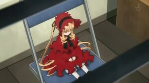 Rating: Safe Score: 0 Tags: 1girl blonde_hair blurry depth_of_field dress frills image long_hair long_sleeves red_dress ribbon shinku solo stairs standing User: admin