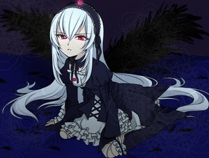 Rating: Safe Score: 3 Tags: 1girl dress flower frills gothic_lolita hairband image juliet_sleeves lolita_fashion lolita_hairband long_hair long_sleeves looking_at_viewer red_eyes silver_hair sitting solo suigintou very_long_hair wariza wings User: admin