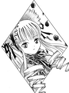 Rating: Safe Score: 0 Tags: 1girl blush bonnet bow bowtie dress drill_hair flower greyscale image long_hair looking_at_viewer monochrome ribbon shinku simple_background solo traditional_media twin_drills twintails upper_body white_background User: admin