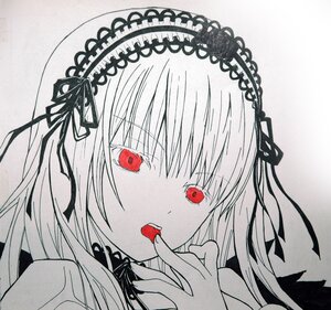 Rating: Safe Score: 0 Tags: 1girl auto_tagged bangs black_ribbon eyebrows_visible_through_hair hair_between_eyes hairband holding image long_hair looking_at_viewer open_mouth red_eyes ribbon rose simple_background solo suigintou tongue tongue_out traditional_media User: admin