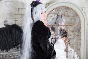 Rating: Safe Score: 0 Tags: 1girl dress flower gothic_lolita hairband lips lolita_fashion long_hair long_sleeves looking_at_viewer red_eyes silver_hair solo suigintou white_hair User: admin