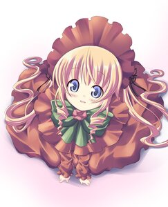 Rating: Safe Score: 0 Tags: 1girl blonde_hair blue_eyes blush bow bowtie commentary_request dekosuke dress drill_hair image long_hair long_sleeves looking_at_viewer looking_up rozen_maiden shinku solo striped striped_background User: admin