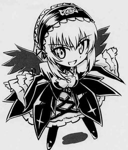 Rating: Safe Score: 0 Tags: 1girl bow chibi dress frills full_body greyscale hairband image long_sleeves looking_at_viewer monochrome simple_background smile solo standing suigintou wings User: admin