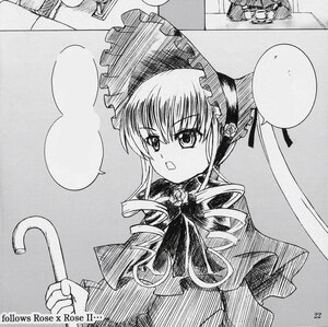 Rating: Safe Score: 0 Tags: 1girl bonnet dress greyscale image long_hair long_sleeves monochrome shinku solo speech_bubble suigintou umbrella watermark User: admin