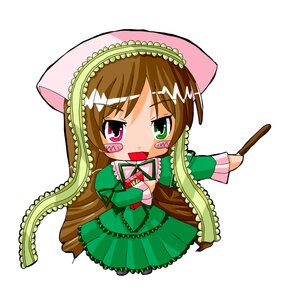 Rating: Safe Score: 0 Tags: 1girl :d blush_stickers brown_hair chibi dress frills full_body green_dress green_eyes hat image long_hair long_sleeves open_mouth simple_background smile solo suiseiseki very_long_hair white_background User: admin