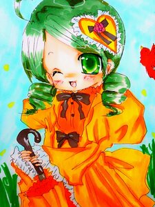 Rating: Safe Score: 0 Tags: 1girl ahoge blush bow bowtie dress drill_hair frills green_eyes green_hair hat image kanaria long_sleeves one_eye_closed puffy_sleeves solo traditional_media twin_drills User: admin