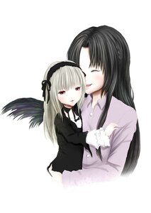 Rating: Safe Score: 0 Tags: 2girls black_hair black_wings blush closed_eyes hairband image kakizaki_megu long_hair long_sleeves multiple_girls simple_background solo suigintou wings yuri User: admin