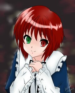 Rating: Safe Score: 0 Tags: 1girl apron frills green_eyes heterochromia image long_sleeves looking_at_viewer red_eyes red_hair short_hair smile solo souseiseki upper_body white_apron User: admin