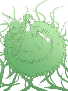 Rating: Safe Score: 0 Tags: 1girl dress drill_hair frills green_theme image long_hair long_sleeves monochrome plant red_eyes solo spot_color suiseiseki twin_drills very_long_hair vines User: admin