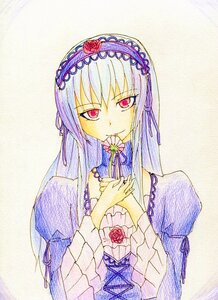 Rating: Safe Score: 0 Tags: 1girl bangs dress flower frills hairband holding_flower image juliet_sleeves long_hair long_sleeves looking_at_viewer pink_eyes puffy_sleeves red_eyes rose simple_background solo suigintou traditional_media upper_body User: admin