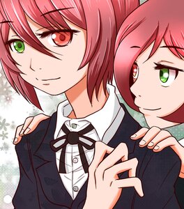 Rating: Safe Score: 0 Tags: collared_shirt dress_shirt green_eyes hair_between_eyes heterochromia image jacket long_sleeves looking_at_viewer neck_ribbon pair red_eyes red_hair ribbon shirt short_hair smile souseiseki suiseiseki upper_body white_shirt User: admin