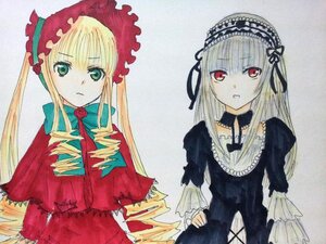 Rating: Safe Score: 0 Tags: 2girls blonde_hair bow dress drill_hair expressionless frills image long_hair long_sleeves looking_at_viewer marker_(medium) multiple_girls pair red_eyes shinku silver_hair suigintou traditional_media twintails User: admin