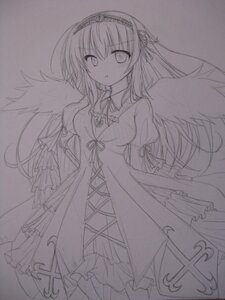 Rating: Safe Score: 0 Tags: 1girl auto_tagged breasts dress eyebrows_visible_through_hair feathered_wings frills greyscale hairband image juliet_sleeves lineart long_hair long_sleeves looking_at_viewer monochrome puffy_sleeves solo suigintou traditional_media wings User: admin